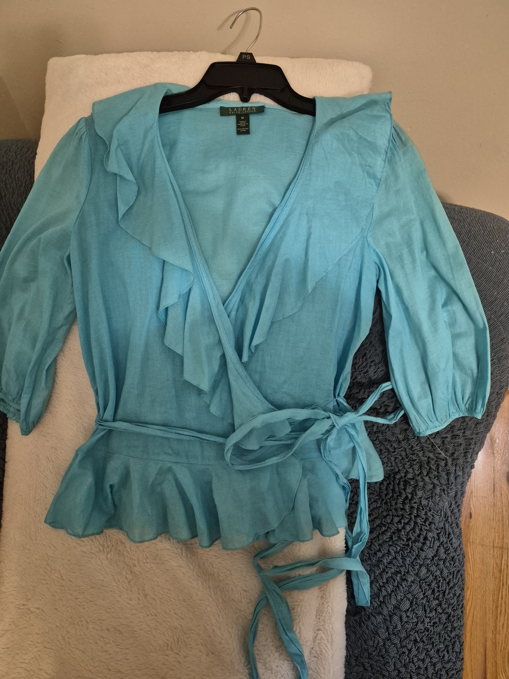 Ralph Lauren Turquoise Sheer Ruffled Wrap Blouse - Picture 10 of 10